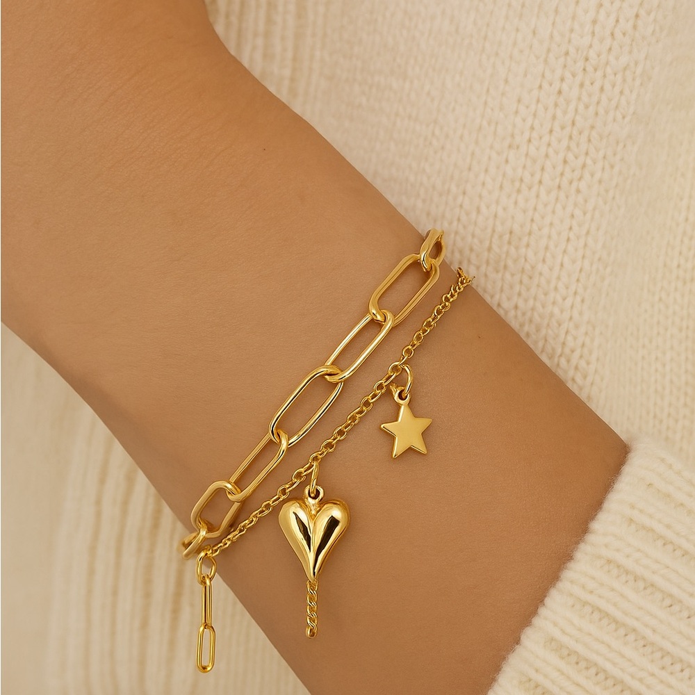 Star & Heart Charm Bracelet – 18K Gold Plated Double Chain Layered Look